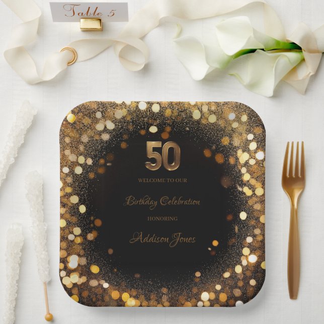 Elegant Black & Gold 50th Birthday Paper Plates (Wedding)