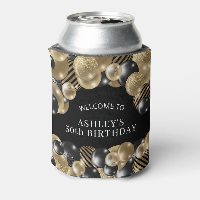 Elegant Black Gold 50th Birthday Party Can Cooler (Can Back)