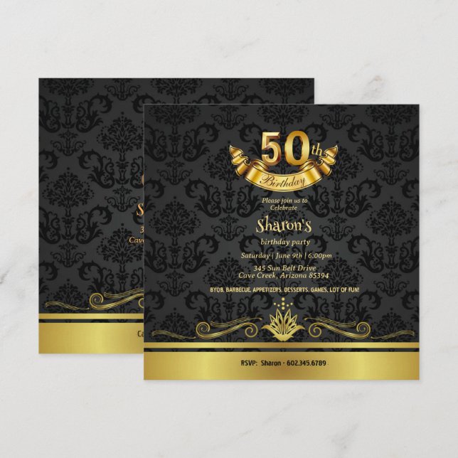 Elegant Black & Gold 50th Birthday Party Invitatio Invitation (Front/Back)