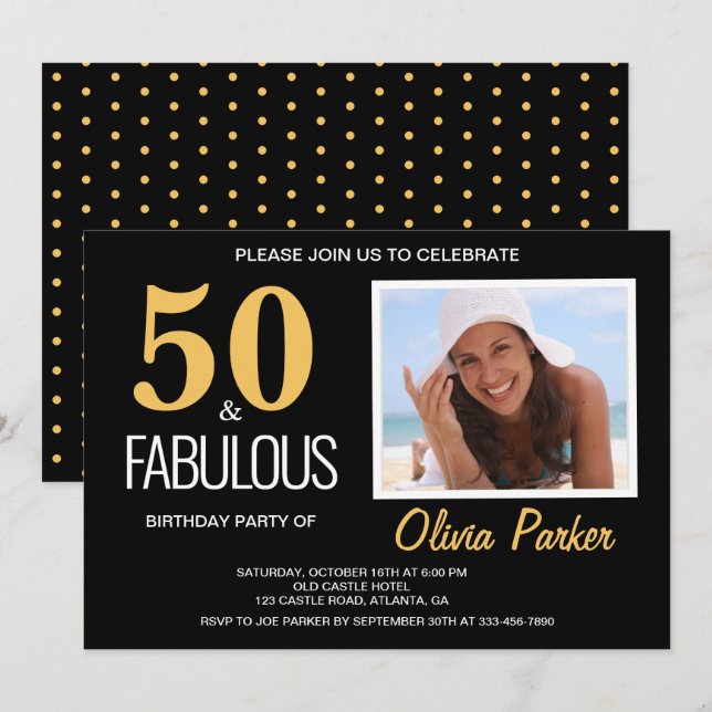 Elegant Black Gold 50th Birthday Party Invitation (Front/Back)