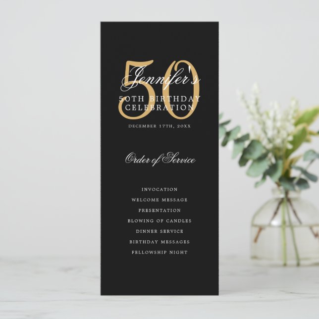 Elegant Black Gold 50th Birthday Program w/ Menu Invitation (Standing Front)