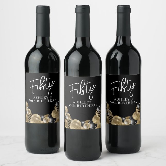 Elegant Black Gold 50th Birthday Wine Label (Bottles)