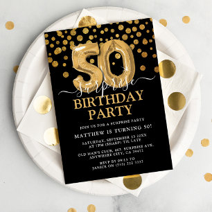 Elegant Black & Gold 50th Surprise Birthday Party Invitation