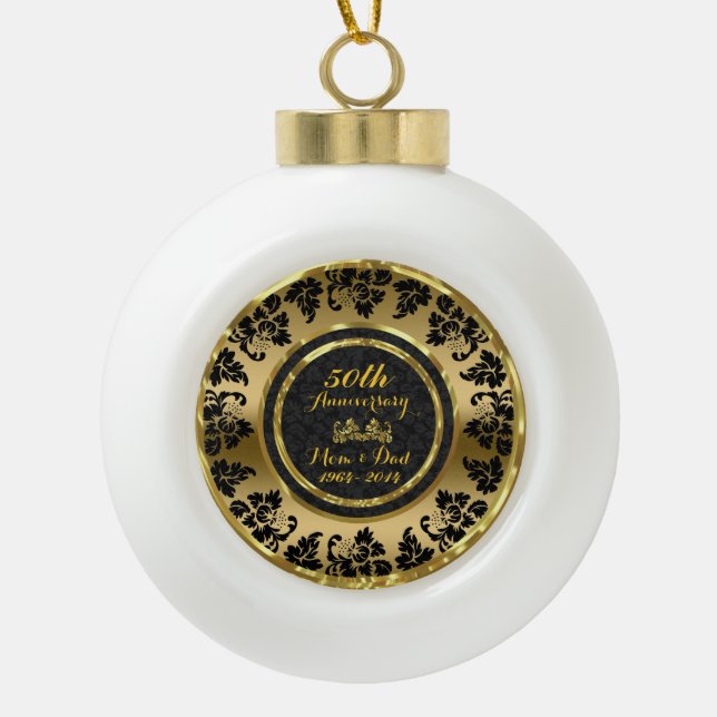 Elegant Black & Gold 50th Wedding Anniversary Ceramic Ball Christmas Ornament (Front)