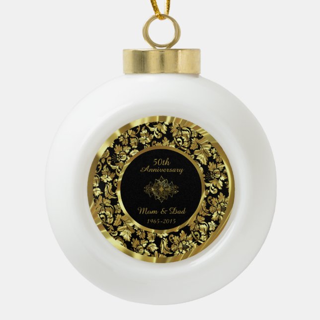 Elegant Black & Gold 50th Wedding Anniversary Ceramic Ball Christmas Ornament (Front)