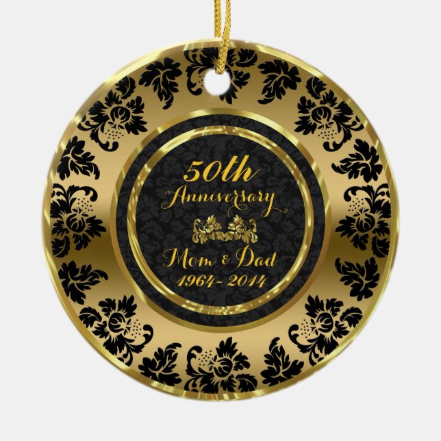 Elegant Black & Gold 50th Wedding Anniversary Ceramic Tree Decoration (Front)