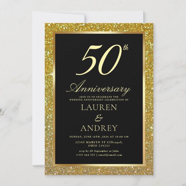 Elegant Black Gold 50th Wedding Anniversary Invitation (Front)