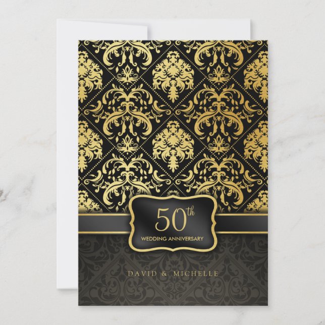Elegant Black & Gold 50th Wedding Anniversary Menu Invitation (Front)