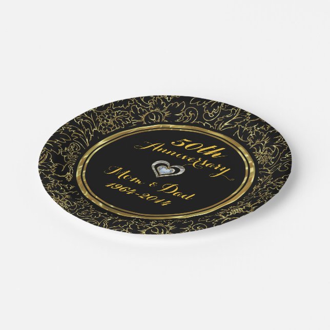 Elegant Black & Gold 50th Wedding Anniversary Paper Plate (Angled)