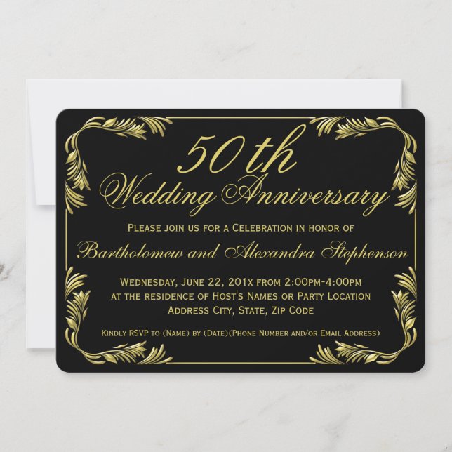 Elegant Black/Gold 50th Wedding Anniversary Party Invitation (Front)