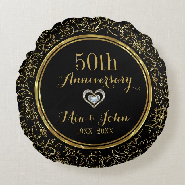 Elegant Black & Gold 50th Wedding Anniversary Round Cushion (Front)