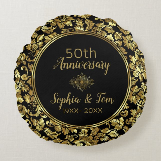 Elegant Black & Gold 50th Wedding Anniversary Round Cushion (Front)