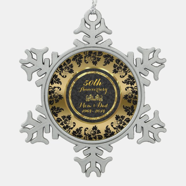 Elegant Black & Gold 50th Wedding Anniversary Snowflake Pewter Christmas Ornament (Front)