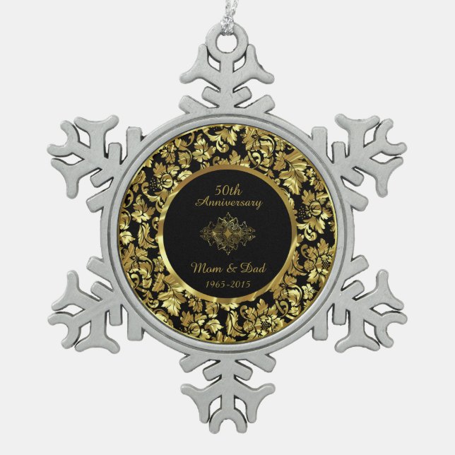 Elegant Black & Gold 50th Wedding Anniversary Snowflake Pewter Christmas Ornament (Front)