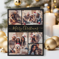 Elegant Black Gold 5 Photo Collage Christmas