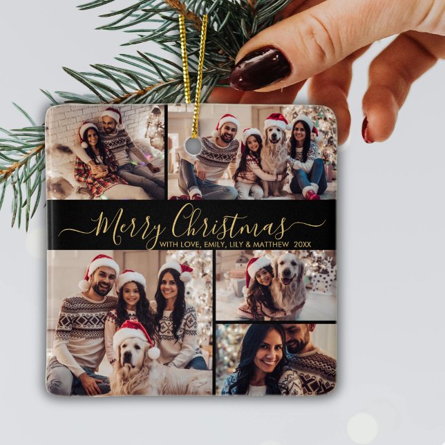 Elegant Black Gold 5 Photo Collage Christmas  Ceramic Ornament (Creator Uploaded)