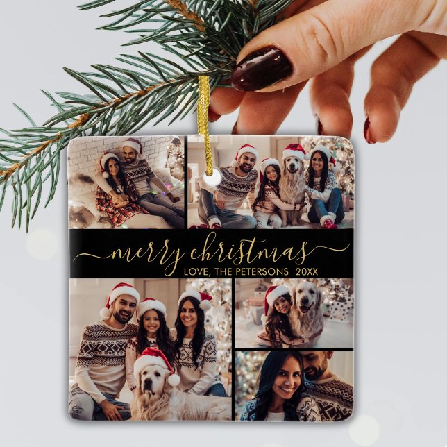 Elegant Black Gold 5 Photo Collage Christmas  Ceramic Ornament (Creator Uploaded)