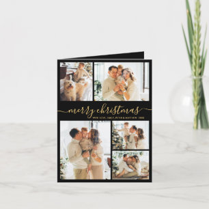 Elegant Black Gold 5 Photo Collage Christmas Holiday Card