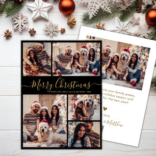 Elegant Black Gold 5 Photo Collage Christmas  Holiday Card