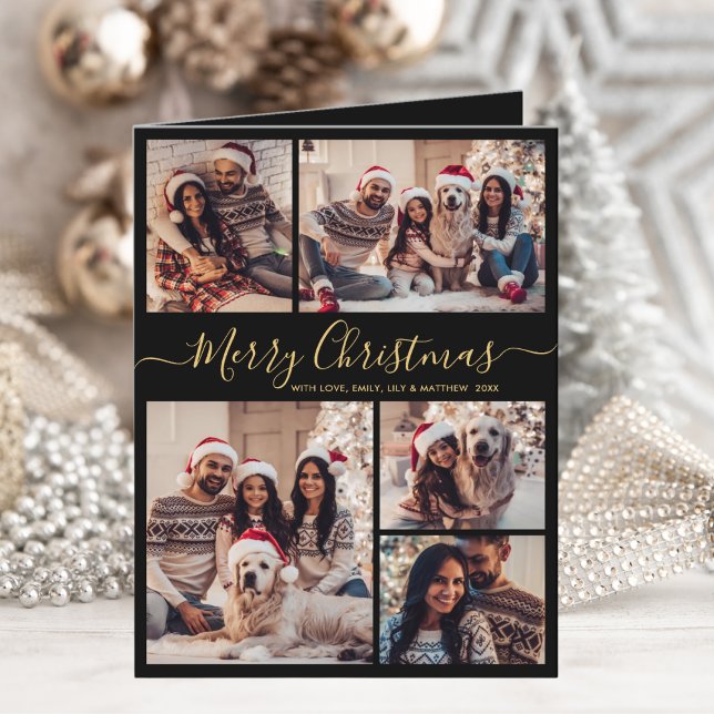 Elegant Black Gold 5 Photo Collage Christmas  Holiday Card (Creator Uploaded)