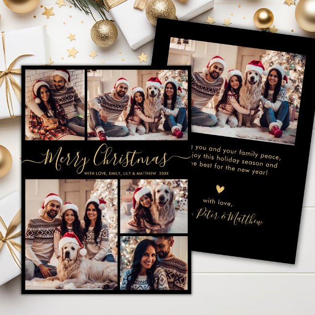 Elegant Black Gold 5 Photo Collage Christmas  Holiday Card (Creator Uploaded)