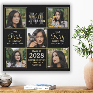 Elegant Black Gold 5 Photo Collage Graduation Faux Canvas Print