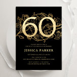 Elegant Black Gold 60th Birthday Invitation<br><div class="desc">Elegant black gold 60th birthday party invitation. Customisable modern feminine design featuring roses botanical accents and faux glitter gold. Simple floral invite card perfect for a stylish female bday celebration. Personalise with your own details. Printed Zazzle invitations or instant download digital printable template.</div>
