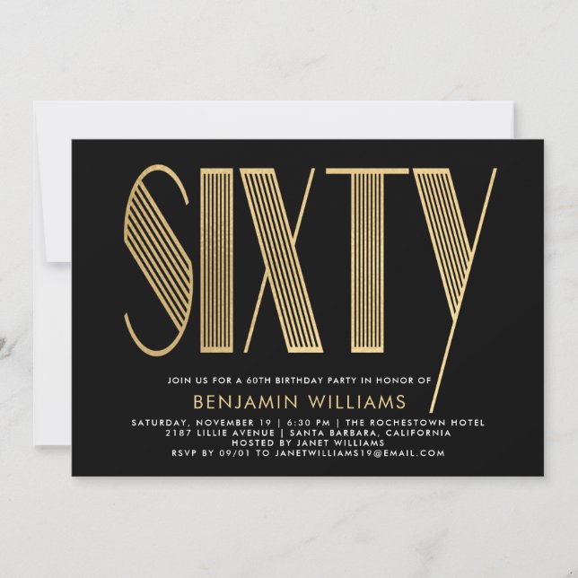 Elegant Black & Gold 60th Birthday Party Invitation (Front)