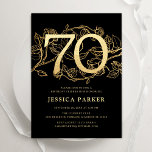 Elegant Black Gold 70th Birthday Invitation<br><div class="desc">Elegant black gold 70th birthday party invitation. Customisable modern feminine design featuring roses botanical accents and faux glitter gold. Simple floral invite card perfect for a stylish female bday celebration. Personalise with your own details. Printed Zazzle invitations or instant download digital printable template.</div>