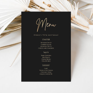 Elegant Black Gold 70th Birthday Party Menu Card