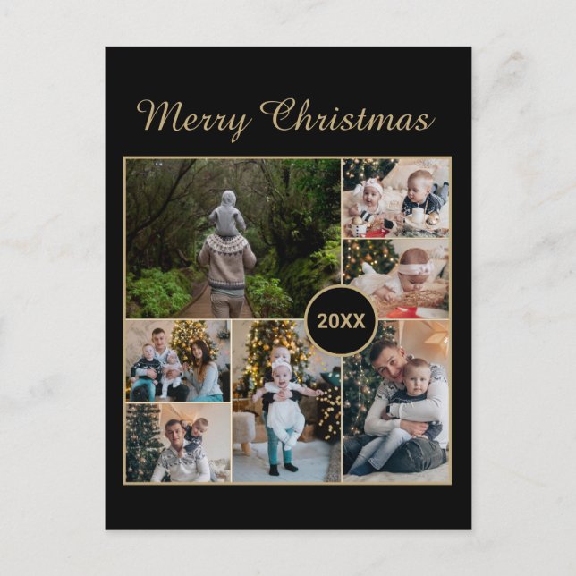 Elegant Black & Gold 7 Photo Collage Christmas Postcard (Front)