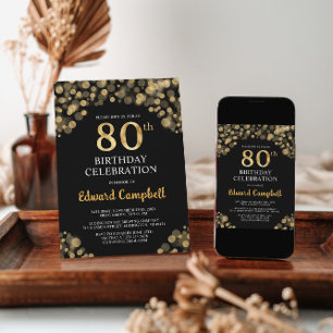 Elegant Black & Gold 80th Birthday Invitation