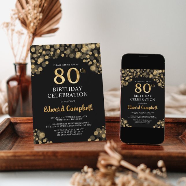 Elegant Black & Gold 80th Birthday Invitation (Creator Uploaded)