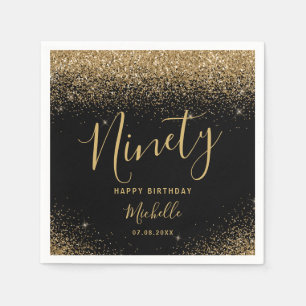 Elegant Black Gold 90th Birthday Glitter Name Napkin