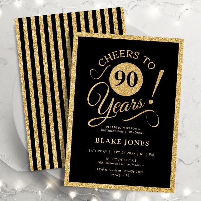 Elegant Black Gold 90th Birthday Invitation (Creator Uploaded)