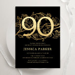 Elegant Black Gold 90th Birthday Invitation<br><div class="desc">Elegant black gold  90th birthday party invitation. Customisable modern feminine design featuring roses botanical accents and faux glitter gold. Simple floral invite card perfect for a stylish female bday celebration. Personalise with your own details. Printed Zazzle invitations or instant download digital printable template.</div>