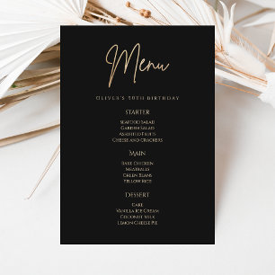 Elegant Black Gold 90th Birthday Party Menu Card