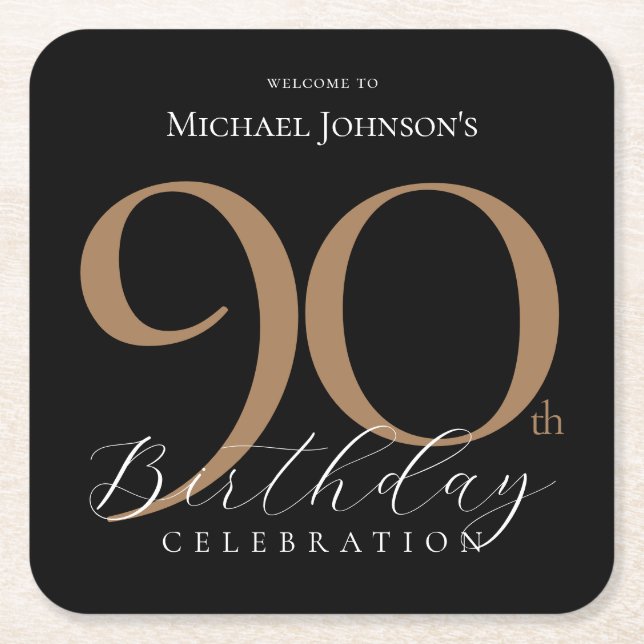 Elegant Black Gold 90th Birthday Party Square Paper Coaster (Front)