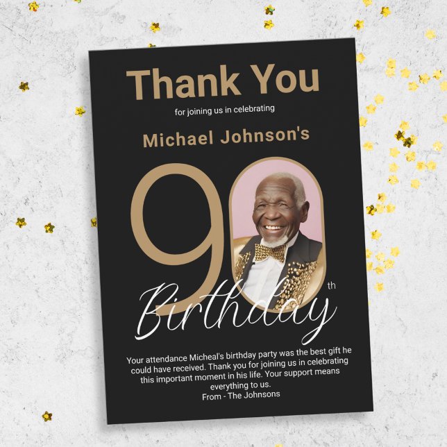 Elegant Black Gold 90th Birthday  Thank You Card (Elegant Black Gold 90th Birthday Thank You Card)