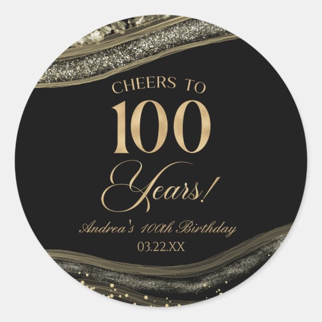 Elegant Black Gold Agate 100th Birthday Party Classic Round Sticker (Front)