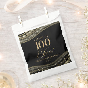 Elegant Black Gold Agate 100th Birthday Party Favour Bags