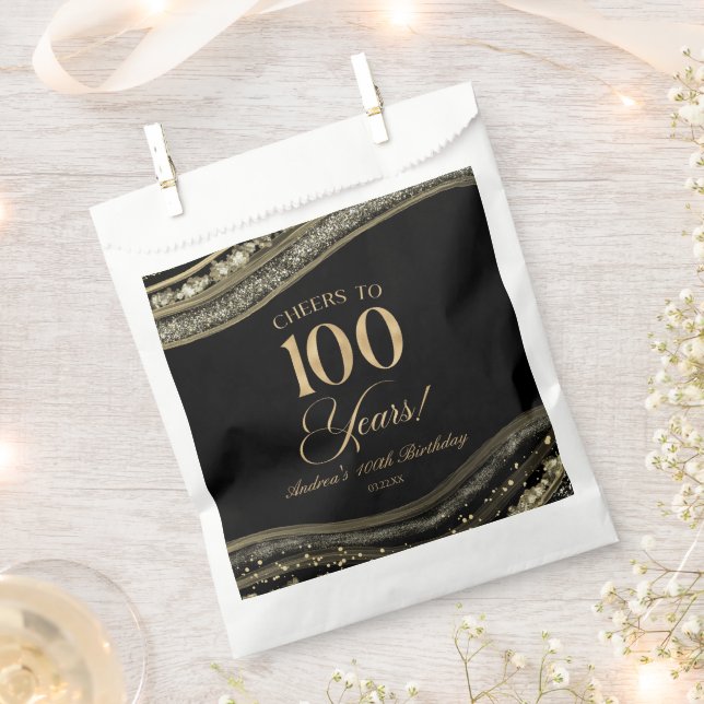 Elegant Black Gold Agate 100th Birthday Party Favour Bags (Clipped)