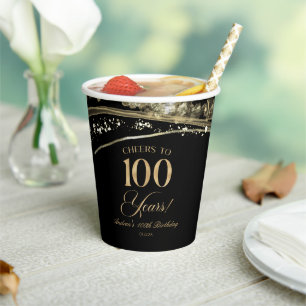 Elegant Black Gold Agate 100th Birthday Party Paper Cups