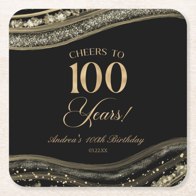 Elegant Black Gold Agate 100th Birthday Party Square Paper Coaster (Front)