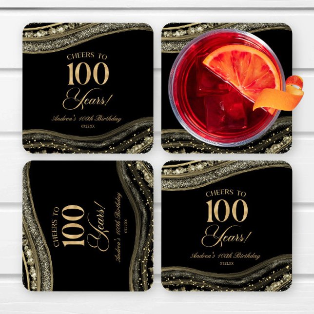Elegant Black Gold Agate 100th Birthday Party Square Paper Coaster (Creator Uploaded)