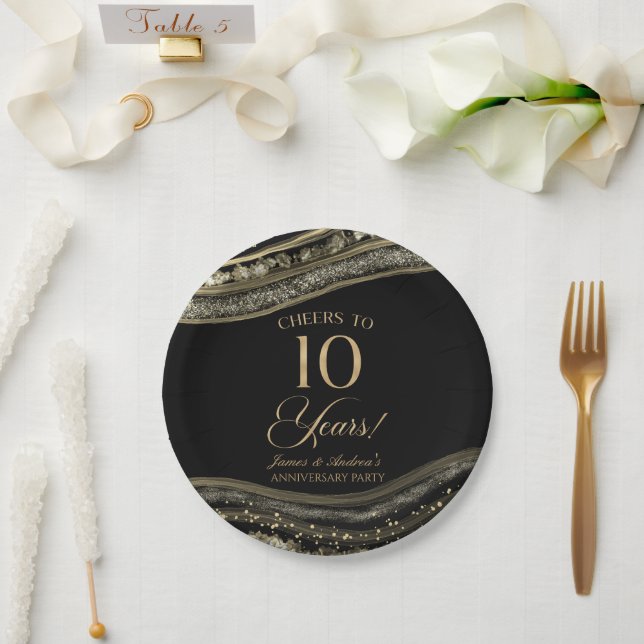 Elegant Black Gold Agate 10th Anniversary Party Paper Plate (Wedding)