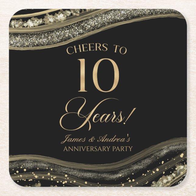 Elegant Black Gold Agate 10th Anniversary Party Square Paper Coaster (Front)