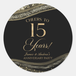 Elegant Black Gold Agate 15th Anniversary Party Classic Round Sticker