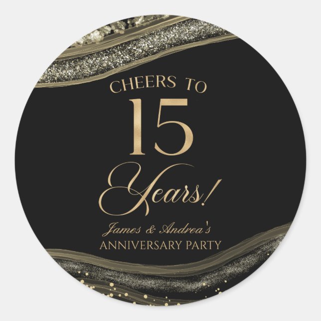 Elegant Black Gold Agate 15th Anniversary Party Classic Round Sticker (Front)