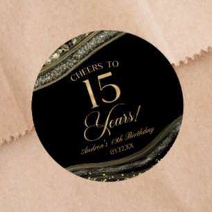 Elegant Black Gold Agate 15th Birthday Party Classic Round Sticker